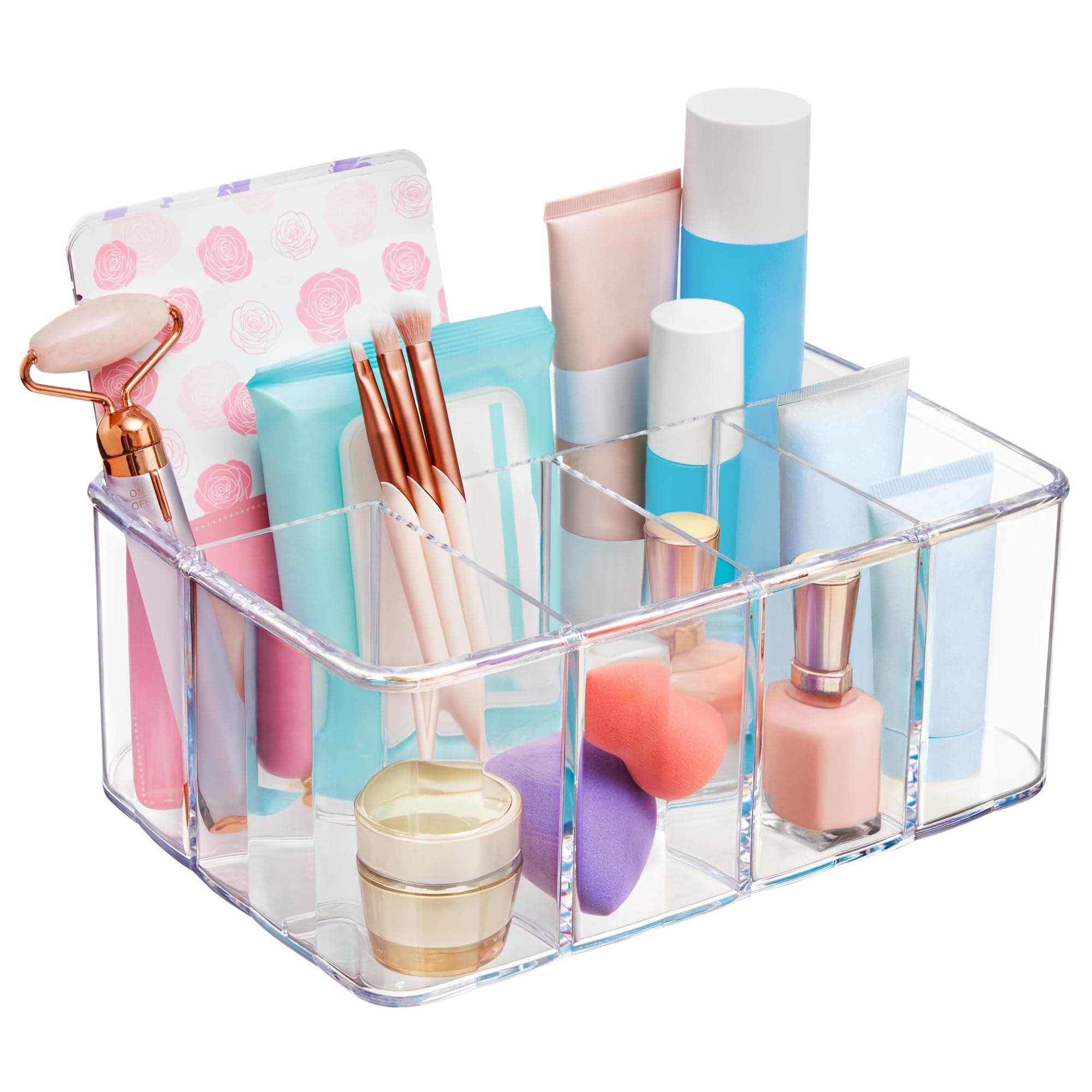 5-Compartment Clear Plastic Organizer | Rectangular Divided Makeup and Vanity Storage Bin and Office Desk Caddy | Scalloped Wall Design | Made in USA