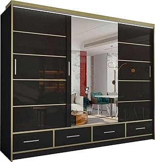 MN Furniture Sudenia High Gloss 2 & 3 Sliding Doors Wardrobe with Mirror, Drawers Cabinet with Storage Cabinets Hanging Rails Art Decor Closet in White, Black and Grey (Black, 253cm)