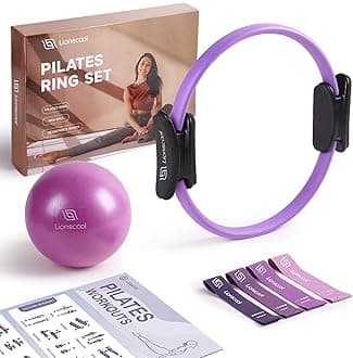 LIONSCOOL Pilates Ring Set - Premium14”Magic Circle with Dual Padded Handles - Includes Pilates Mini Ball & Highly Elastic Resistance Bands & Workout Guide & Bag