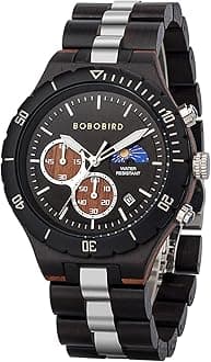 Mens Quartz Wooden Watches Stainless Steel Red Sandalwood Alloy Wood Watch for Male Classic Function Wristwatch Chronograph Luminous Hands Day and Night Date Display