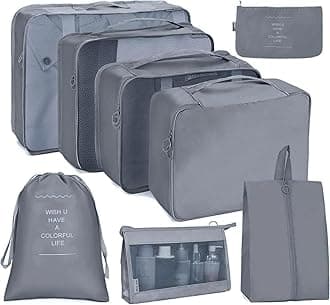 8 Pcs Packing Cubes for Travel, Travel Organizer Bags for Luggage, Suitcase with Toiletry Pouch and Shoe Bag - Set of 8 - Grey