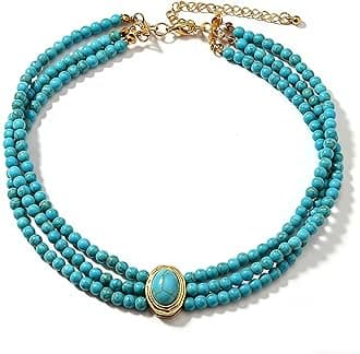 SukAmi Turquoise Choker Necklace Women 3 Layers Necklace Multi Strands Necklace 20s Turquoise Bib Pendant Necklace Choker Party Jewelry Christmas Gift 35+7cm