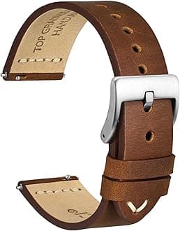 WOCCI 19mm Old-fashioned Watch Band for Men, Top Grain Leather, Silver Brushed Buckle (Caramel Brown)