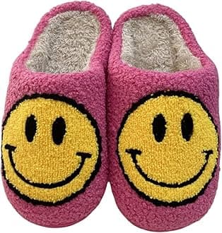 KEYUSHOP Happy Face Slippers for Kids Smile Face House Slippers Soft Plush Warm Preppy Slipper Anti-Slip Winter Fuzzy House Shoes for Toddler Girls