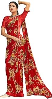 Women's Floral and Satin Border Printed Gerogette Saree with Unstitched Blouse