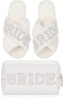 EtercycleWedding Gifts Set, Bride Makeup Bag With Bride Slippers, Waterproof PU Travel Toiletry Bag With Pearl Rhinestone Fuzzy Women Wedding Slippers Bride Gifts for Bridal Party Bride To Be Set