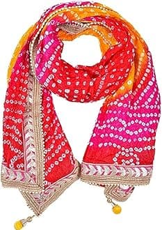 Women's Silk Jaipuri Rajasthani Bandhani Bandhej Heavy Dupatta with Gota Work and Latkan, RED&PINK, One Size