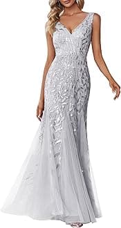 Women's Sequin Formal Dress Double V-Neck Sleeveless Mermaid Long Evening Prom Dresses 07886