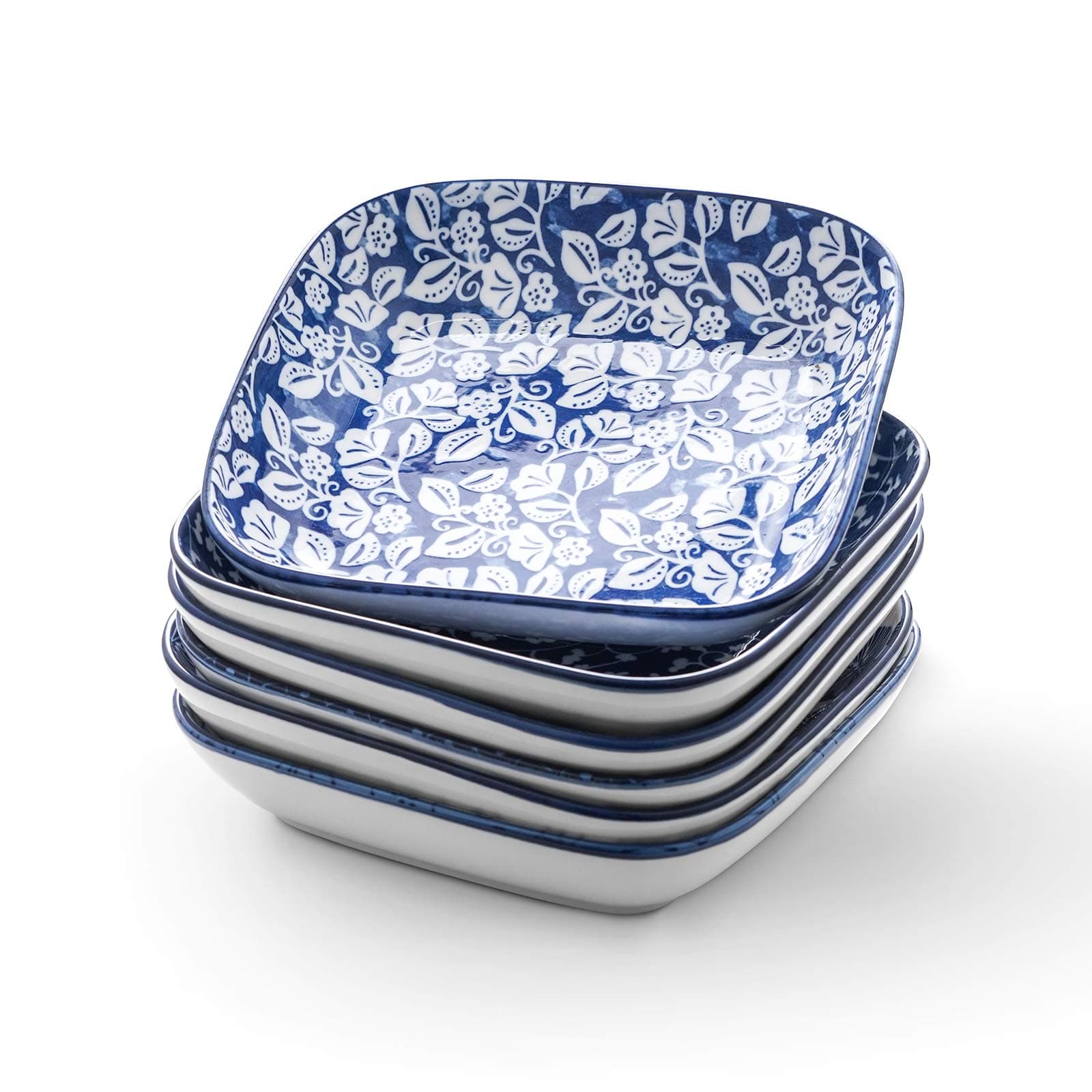 Porcelain 8-inch Square Dinner Plates, Salad Pasta Bowls, Set of 6, Vintage Blue
