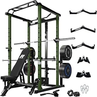 RitFit Squat Rack Power Cage Home Gym Package, Includes 1000LBS Power Rack with Cable Crossover System, Weight Bench, Weight Plate Set with Olympic Barbell (PPC02 Package 1.9K (FBP 340LBS))-Green
