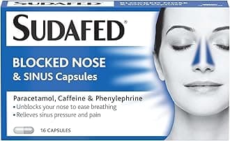 Sudafed Blocked Nose and Sinus Capsules (1x16 Capsules), Unblocks Nose to Ease Breathing, Pressure and Pain Sinus Relief, Decongestant with Phenylephrine Hydrochloride, Caffeine, and Paracetamol