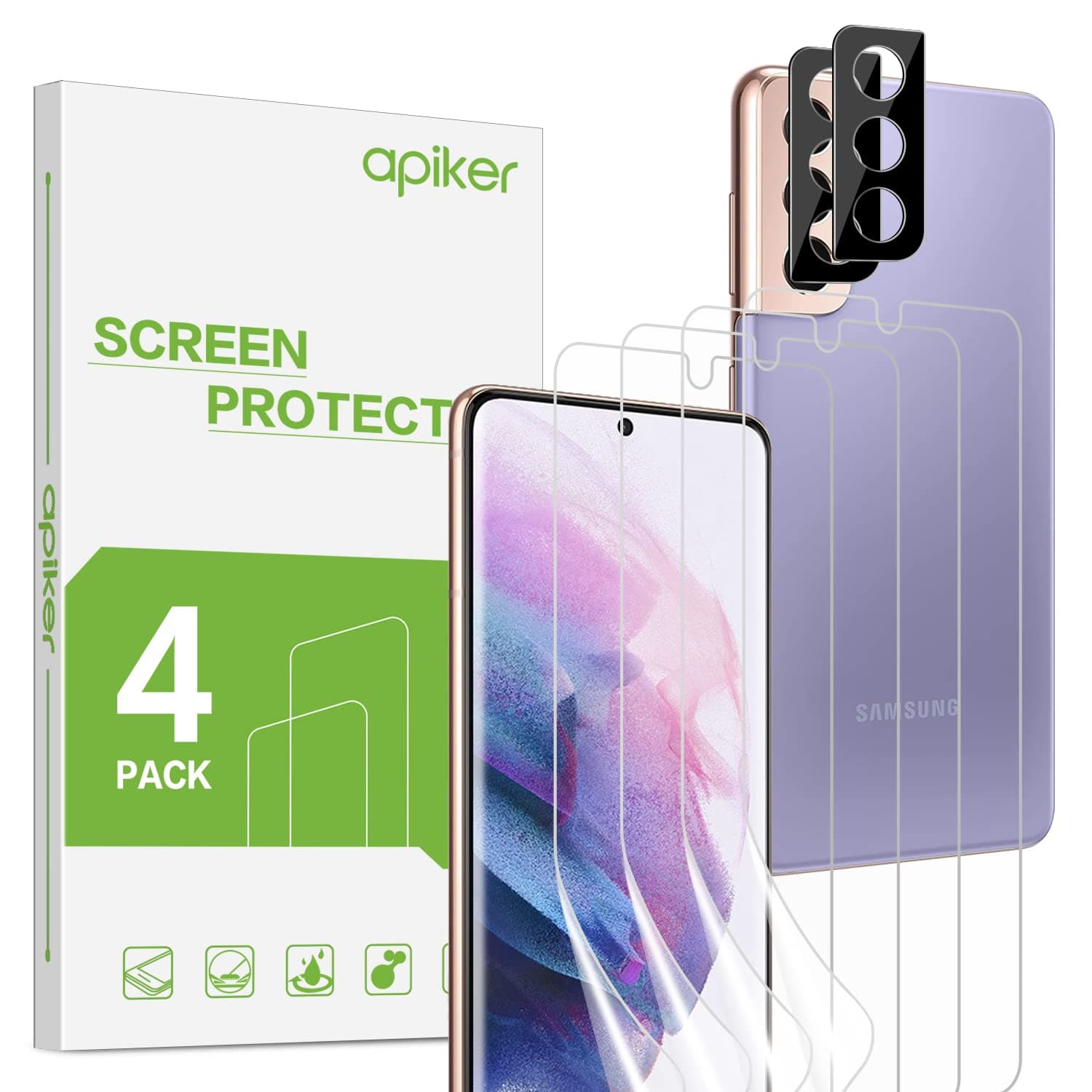 apiker [4+2 Pack Flexible TPU Film Screen Protector and Camera Lens Protector for Samsung Galaxy S21 6.2 Inch, Support Fingerprint Unlock, High Definition, No Water Required Installation