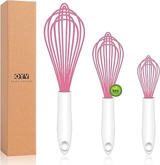 Pink Silicone Whisk, Sealed Waterproof Design Set of 3, Professional Kitchen Whisks for Cooking Non-Scratch, Silicone&Stainless Steel Whisk, Heat Resistant 480°F Rubber wisk, BPA free