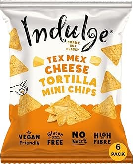 Indulge Tortilla Mini Chips - Tex Mex Cheese Flavour - Gluten Free, Low Salt, Low Fat, Nut Free, Vegan - 20g x 6 bags