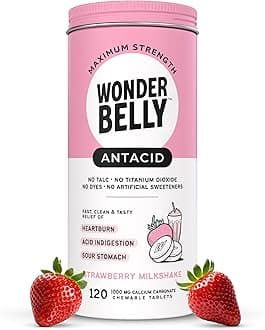 Wonderbelly Antacid, Effective Heartburn and Instant Acid Indigestion Relief, Extra Strength Chewable Tablets, 1000 mg Calcium Carbonate, No Talc or Dye, Strawberry Milkshake, 120 Count