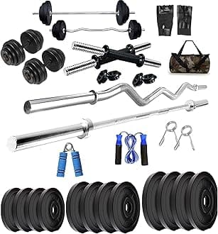 BULLAR Home Gym Set, Home Gym Combo, Home Gym Equipments for Men, 3ft, 5Ft Straight Rod+ One Pair Dumbbell Rods , PVC Dumbbell Plates, Home Gym, Army Bag with Gym Accessories (10KG Combo)