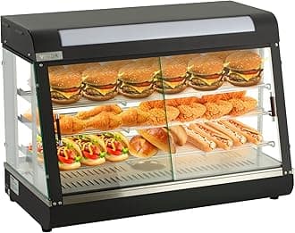 VEVOR Commercial Food Warmer Display, 3 Tiers, 1800W Pizza Warmer w/ 3D Heating 3-Color Lighting Bottom Fan, Countertop Pastry Warmer w/Temp Knob Display 0.6L Water Tray, Stainless Frame Glass Doors…
