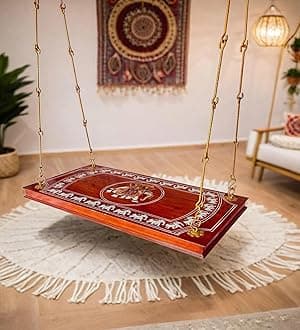 Jairi Traders Plank Wooden Swing Indoor Outdoor Teak Wood (4x2 Feet) Natural Hand Painted Boarder Brass Coated Accessories