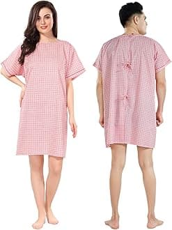 PIU Hospital Patient Care Gown/OT Gown | Poly Cotton Comfortable Patient Wear for Men and Women | Both Side Wearable | Red Checks, Free Size Fits Upto 4XL