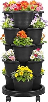 5 Tier Vertical Garden Planter, Self Watering Stackable Planters with Wheels for Strawberries, Herbs, Flowers, Vegetables, Black