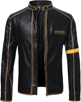 Men's Casual Jacket Striped Vintage Pilot Jacket Full Zip with Chest Pocket Denim Jacket Steampunk Jacket Medieval Stand-Up Collar Faux Leather Jacket Men's Slim Fit