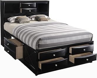 HABITRIO King Bed with Storage, Solid Wood Eastern King Size Bed Frame with Headboard (2 Bookcase, 2 Drawers), Footboard (4 Drawers), Rail with 2 Drawers, Wooden Slat, No Box Spring Needed, Black