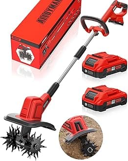 Alloyman 20V Cordless Tiller Cultivator 9In Tilling Width Garden Rototiller with 2 * 2.0Ah Batteries & Charger, Battery Powered Garden Cultivator with 24 Steel Tines for Gardening