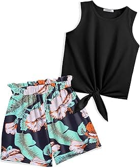 Arshiner Girl's 2 Piece Outfits Tie Knot Tank Top and Paperbag Waist Pocketed Summer Short Sets