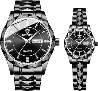 Couple Watches Gift Set: His and Her Rhombus Quartz Analog Stainless Steel Luminous Hands Date 3 ATM Waterproof Business Casual Men Women Watch Sets