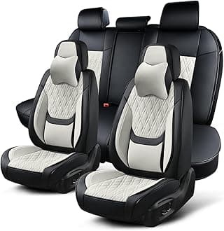 Car Seat Covers Full Set, Breathable Leather Automotive Front and Rear Seat Covers & Headrest, Universal Automotive Vehicle Seat Cover for Most Sedan SUV Pick-up Trucks, Black&Beige