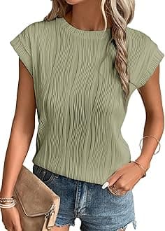 EVALESS Womens Short Sleeve Textured Tops Crewneck Knit Solid Loose Casual Basic T Shirts Tee Blouses