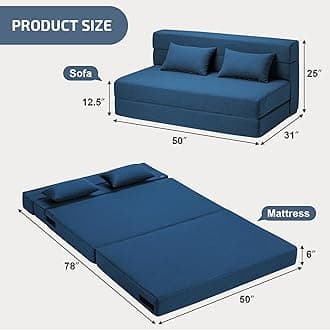 SUYOLS Folding Sofa Bed with Pillows- Convertible Chair Floor Couch & Sleeping Mattress, Foldable Memory Foam Sleeper for Living Room/Dorm/Guest Room/Home Office/Apartment/Loft, Full, Navy Blue