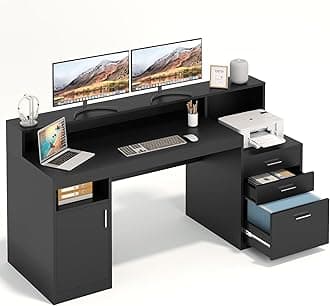 Computer Desk with 3 Drawer & Storage Shelves, Home Office Desk with File Drawer & Cabinet, Writing Study Table with Long Monitor Stand & Printer Shelf, Executive Workstation