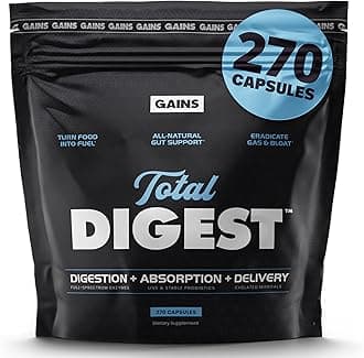 Gains in Bulk Total Digest, Digestive Enzymes, Prebiotics and Probiotics for Digestive Health, Bloating Support, Gut Health for Women and Men, Promotes Protein, Carb and Fat Digestion, 270 Capsules