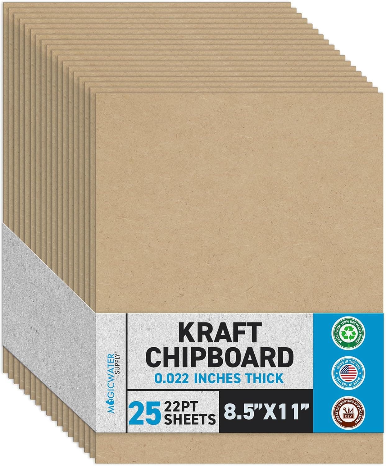 MagicWater Chipboard Sheet for DIY Projects - 8.5x11 Inch - 25 Pack - 22 pt - Heavy Duty Kraft (0.022 Inch Thick) Paperboard, For Scrapbooking, Books, Picture Frame Backing, Arts Project & Crafts