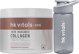 hk vitals Skin Radiance Marine Collagen Supplement (Watermelon, 100g) & Sipper Bottle (Grey, 300ml) Combo Pack | With Vitamin C & E | For Healthy Skin, Hair & Nails