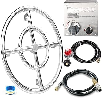 GRISUN Fire Pit Burner Ring Kit 12 Inch, Propane Fire Pit Kit, Come with Propane Fire Pit Hose Kit and Upgraded Gas Control Spark Ignition Kit, DIY Round Gas Fire Pit Kit, Stainless Steel