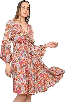 KE KanhaExportsKE KANHA EXPORTS Dress for Woman - Short Dress & Long Dress Latest Stylish Unique Border Design and Tassel Stretchable with Adjustable Drawstring fit and Flare Dress Beach wear