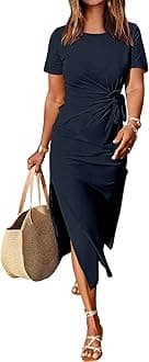 ANRABESS Women’s Summer Short Sleeve Crewneck T Shirt Maxi Dress Tie Waist Casual Slim Fit Slit Beach Dresses
