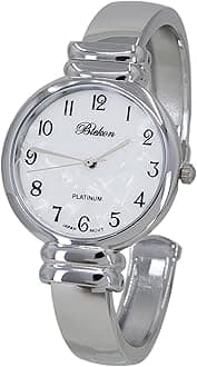 Blekon Original Mother of Pearl Cuff Bracelet Watch for Women with 31mm case Japanese Quartz Movement Metal hinged Bangle Style Cuff Wrist Watch for Ladies…, Silver