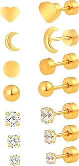 7 Pairs Tiny Hypoallergenic 14K Gold Flat Back Stud Earrings for Sensitive Ears, Surgical Stainless Steel Heart Ball Moon Dot CZ/Cubic Zirconia Stud Earrings for Women Men Cartilage Helix Piercing