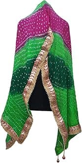 kalpit creationsWomen's Jaipuri Art Silk Bandhej Rajasthani Bandhani Dupatta with Gota Patti Lace