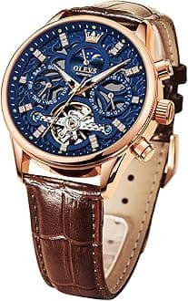 Men Skeleton Watch Automatic Mechanical Dress Casual Brown Black Leather Moon Phase Luminous Waterproof Wrist Watches