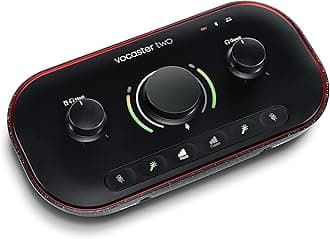Vocaster Two — Podcasting Interface for Recording Host and Guest. Two Mic Inputs and Two Head-phone Outputs, with Auto Gain, Enhance, and Mute. Small, Lightweight, and Powered by Computer.