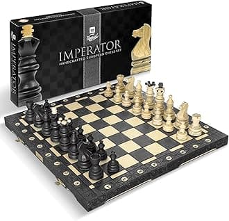 Wegiel Imperator 21-Inch Luxury Wooden Chess Set for Adults and Kids - Handcrafted from Premium Beech and Birch Wood - Unique Folding Design with Chess Piece Storage, Black,Imperator - Black