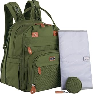 BabbleRoo Extra Large Diaper Bag Backpack, Expandable Baby Bag with Up to 50% More Capacity - Travel Essentials Baby Bag Tote with Changing Pad, Stroller Straps & Pacifier Case - Unisex, Forest Green