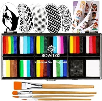 Face Paint Kit Professional Split Cake Face Painting Set 12x10 gm with Stencil One Stroke Non Toxic Safe Rainbow Flora Dolphin Unicorn Flame Body Paint Halloween Christmas Makeup