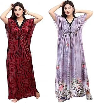 Women's Silk Geometric Print Maxi Kaftan Night Gown (Pack of 2)