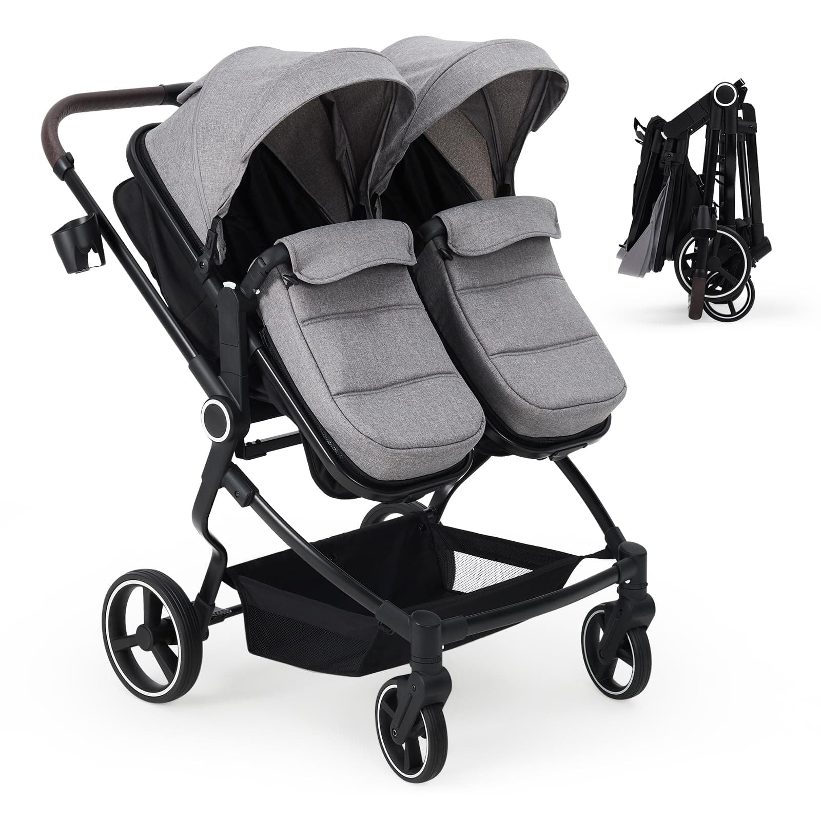 GarveeLife Side by Side Double Stroller for Twins, Lightweight Compact Foldable Baby Travel Stroller with High Landscape Seat, Adjustable Canopy & Recline for Infant and Toddler, Light Grey