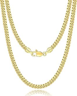 Solid 18k Gold 925 Sterling Silver Plated Chain Necklace for Men Boys Women, 4mm Diamond Cut Cuban Link Chain Men, Sturdy & Comfortable & Shiny Italian Men's Gold Chain 16 18 20 22 24 26 Inch